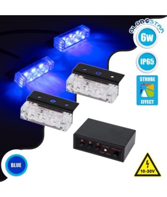 GloboStar® 85002 PRO Series ΣΕΤ 2 x Μπάρες Σήμανσης Οχήματος Αστυνομίας για Αυτοκίνητα & Φορτηγά 3 Προγραμμάτων Φωτισμού STROBE LED HIGH POWER 6W DC 10-30V Αδιάβροχο IP65 Μπλε